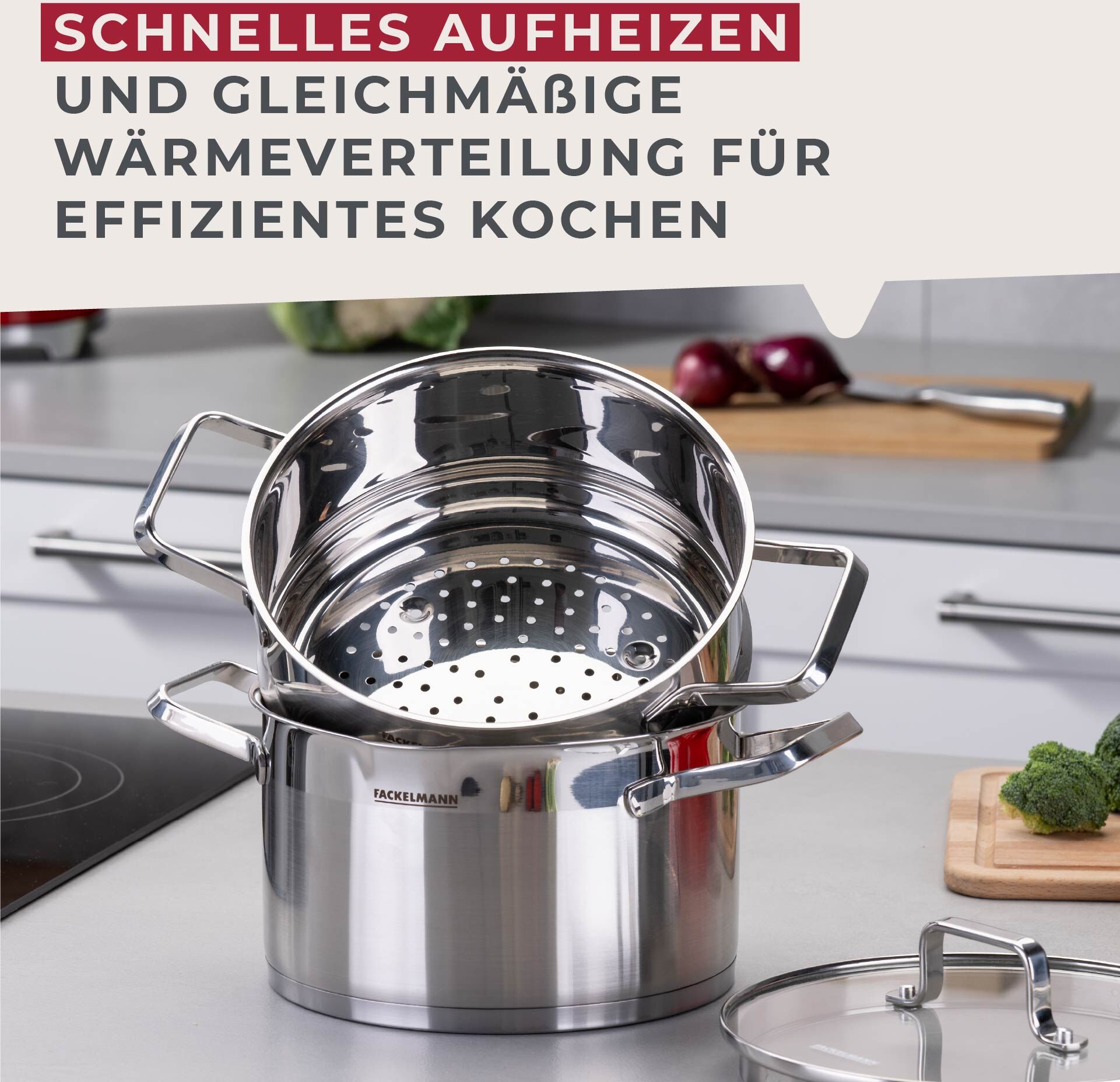 Topf-Set FACKELMANN "Bamberg, mit Dämpfeinsatz", silber (silberfarben), Töpfe, Deckel mit Abgießfunktion