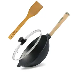 4BIG.fun Wok Bratpfanne Ø26 cm 2,8 L aus Gusseisen mit Holzgriff Glasdeckel Asia Wokpfanne Induktion Pfannenwender