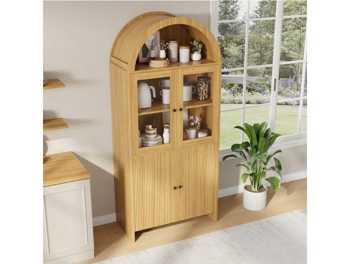 Buffet haut vitrine à portes vitrées 78x40x176 cm aspect bois naturel design arqué rangement fermé JOINERY