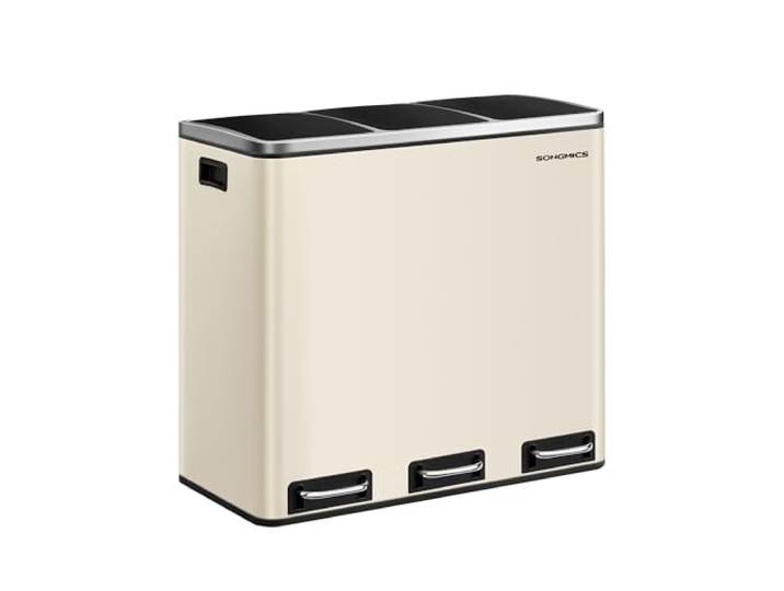 SONGMICS Mülleimer Küche, 3 x 18 L, Mülltrennsystem 3 Fächer, mit Deckel Treteimer, inklusive 15 Müllbeutel, für recycelbare Abfälle, Biomüll, Blassgold, ISLAND Kollektion, LTB054A02