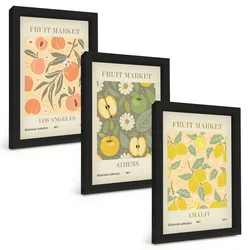 BILDER SET 3er Set - 20x30 cm Schwarzer Rahmen - Retro-Poster mit Fruchtmustern