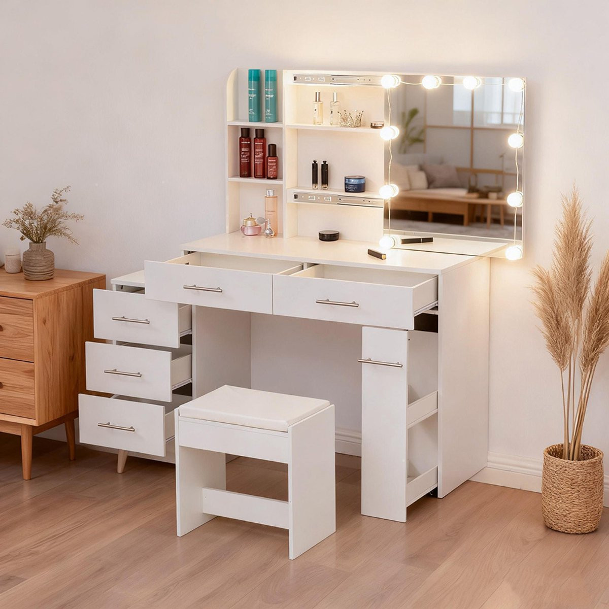 KOMHTOM Kaptafel met spiegel en LED-verlichting en lades