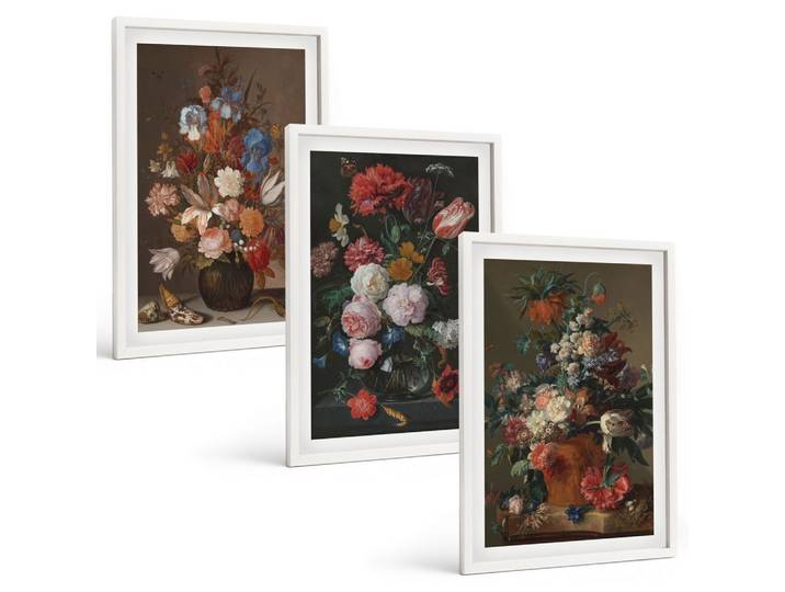 BILDER SET 3er Set - 40x60 cm Weißer Rahmen - Blumenarrangements in Vasen