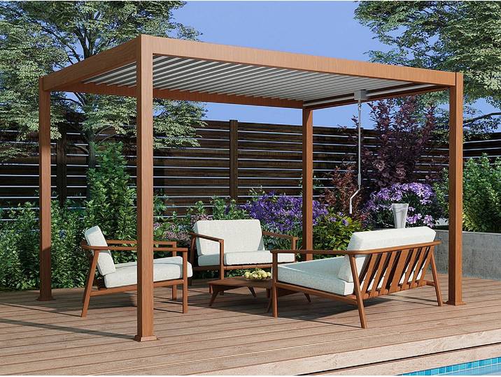 Pergola bioclimatique autoportante en aluminium avec lames orientables - 12 m² - coloris naturel foncé - AMALFI