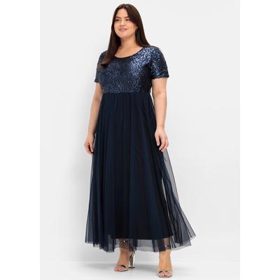 Abendkleid SHEEGO "Abendkleid", Damen, Gr. 50, Normalgrößen, blau (marine), 100% Polyester, unifarben, lang, Rundhals, Kleider Abendkleid