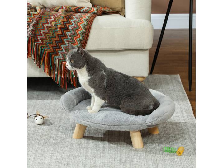 PawHut Canapé Chien Peluche Lavable Bois Pin 47cm - Gris