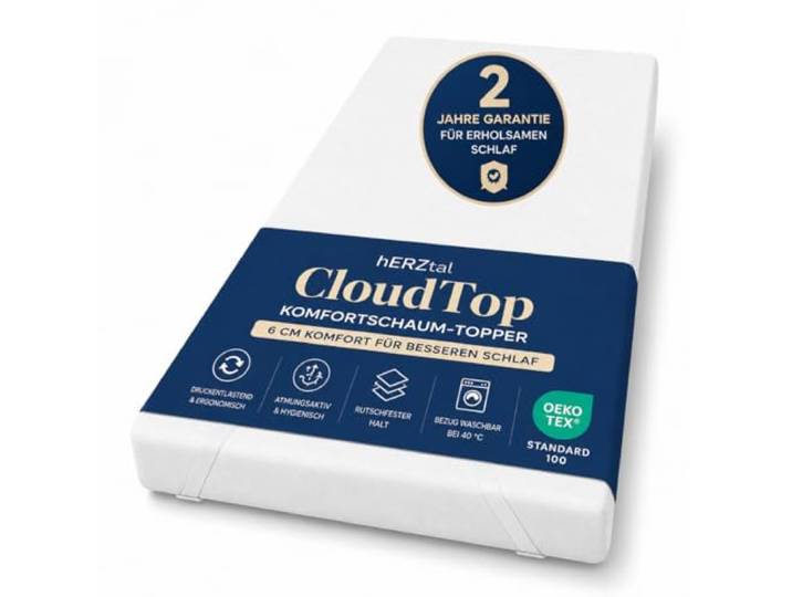 hERZtal CloudTop Komfortschaum-Topper 6 cm – Matratzentopper mit Hybrid-Komfortschaum, atmungsaktivem & waschbarem Bezug, Oeko-TEX® Standard 100, 4 elastische Eckbänder, druckentlastend (200x200)