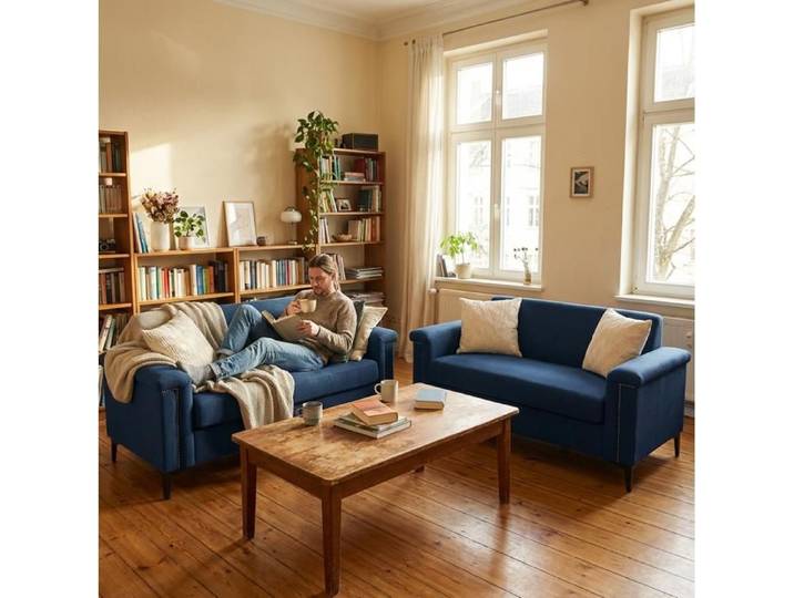 Ensemble de 2 canapés fixes 2 places AESVAR 172 cm en tissu bleu style scandinave