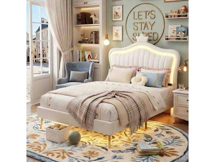 Lit Enfant 90x200cm - Design Couronne Princesse - LED Multicolore - Nettoyage Facile - Simili Cuir Blanc