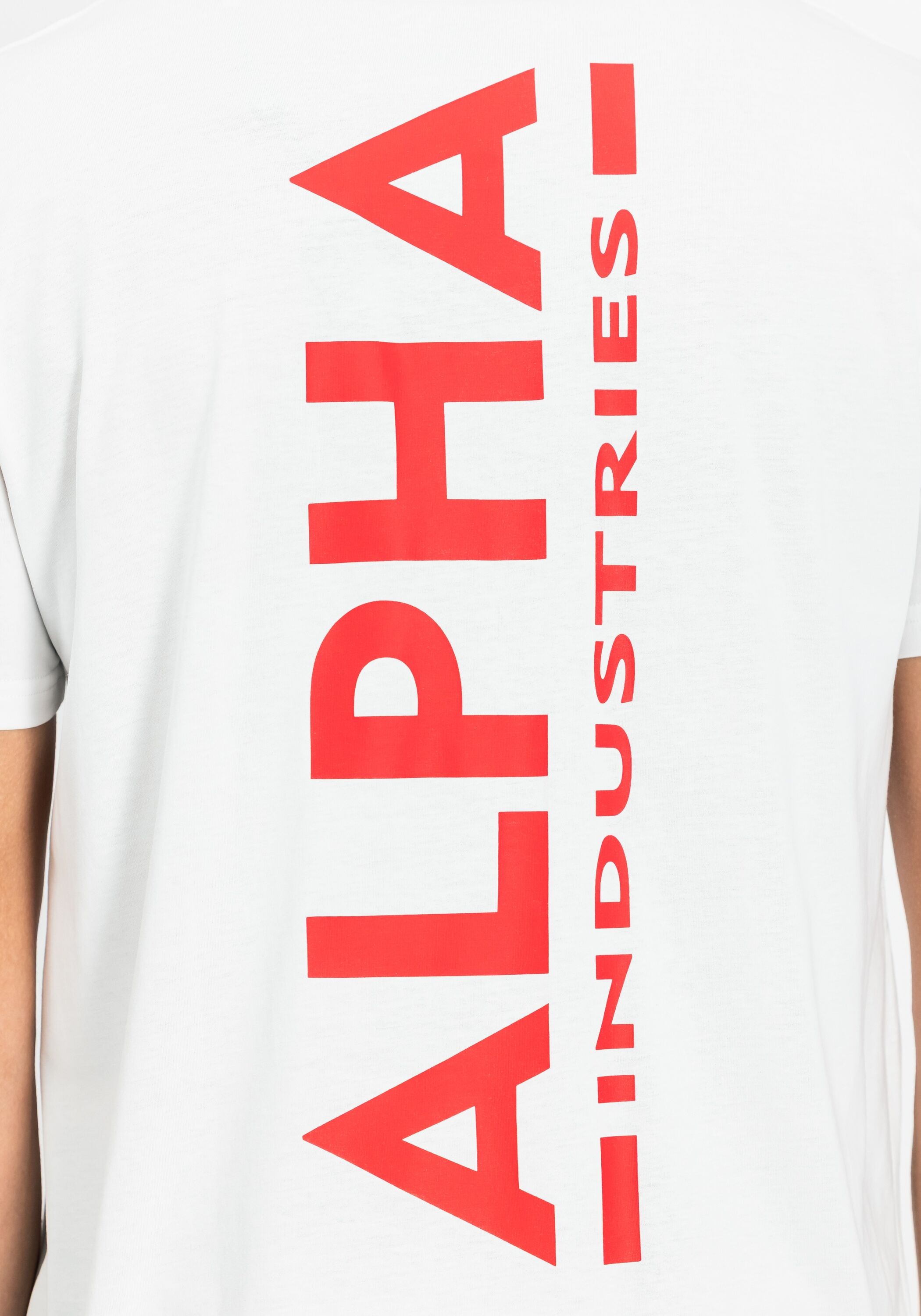 T-Shirt ALPHA INDUSTRIES "Backprint T-Shirt", Herren, Gr. S, weiss (weiß, speed rot), Obermaterial: 100% Baumwolle, Shirts T-Shirt weiß, speed rot S