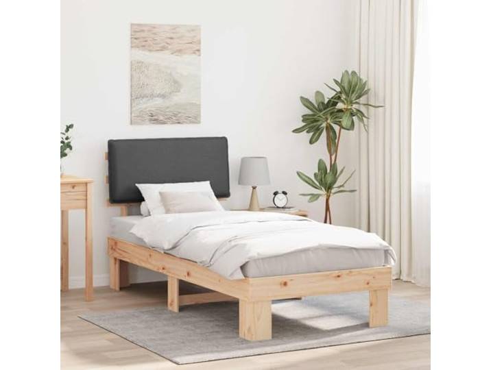 Massivkiefer gepolstertes Kopfteil Modernes Design 75 x 190 cm Grau Bettgestell mit gepolstertem Kopfteil Dunkelgrau 75x190 cm Massivholz Kiefer Lattenrost Stabilität Schlafzimmer Möbel