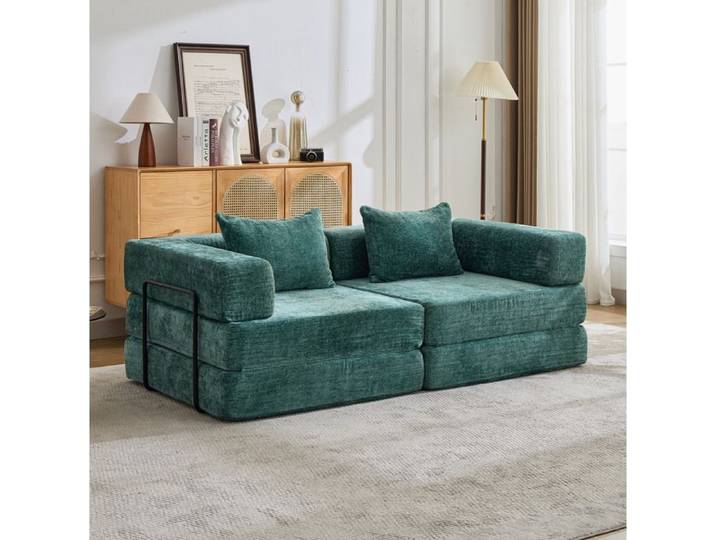 Canapé convertible 2 places – Chenille – Vert foncé – Modulable – Sans montage