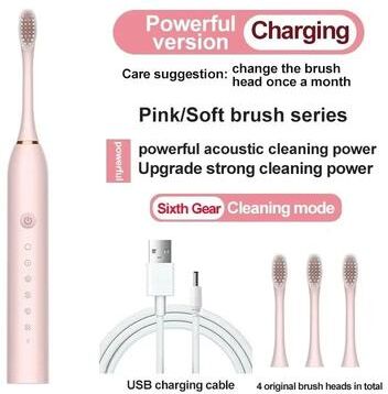 Inspired Living Premium Universal Rechargeable Six Speed Automatic Electric Toothbrush Gentle Soft Bristle Care For All Ages pink