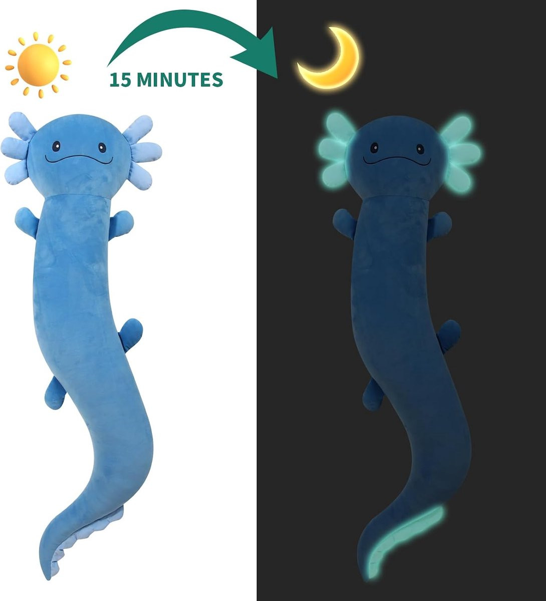 Blauw Axolotl knuffelkussen van pluche, 120 cm