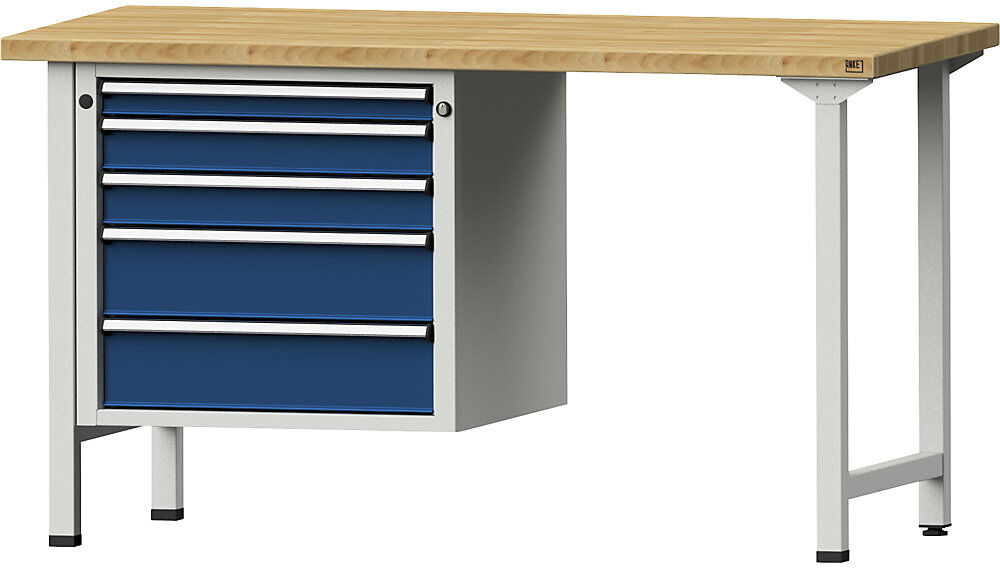 Werkbank, Gestellbauweise Serie V, 5 Schubladen, Buchemassivplatte ANKE