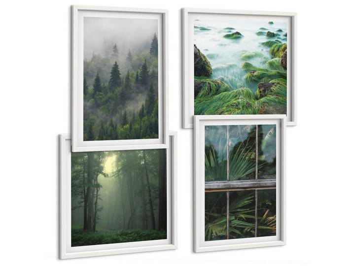 Tulup Bilder SET 4er Set - 50x50 cm & 40x60 cm Weißer Rahmen - Waldnebel, Fluss, Gewächshauspflanzen, Kunststoff, Rechteckig, 50x50 cm, Fotografie, Bilder & Rahmen, Bilder