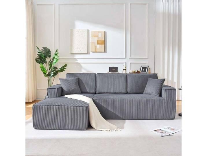 Canapé d'angle modulaire - Canapé modulable en L - 3 places - Réversible - Velours côtelé gris