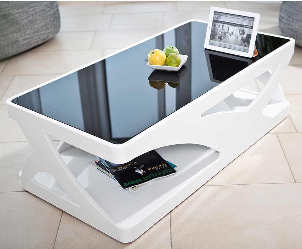 Pharao24.de Design Sofatisch in Weiß Hochglanz Schwarzglasplatte