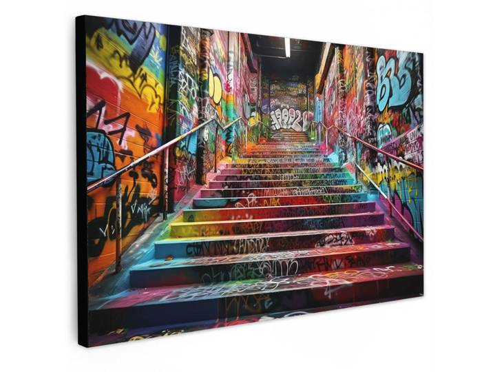 MuchoWow Leinwandbild - Treppe - Graffiti - Farben - Kunst - 90x60 - Deko Wohnzimmer, Mehrfarbig, Textil, Kiefer, Abstrakt, Rechteckig, 90x60 cm, gerahmt, Bilder & Rahmen, Bilder, Wandbilder