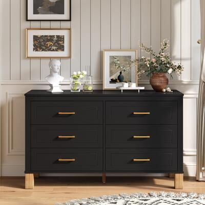 6-Drawer Double Dresser , Modern Storage Cabinet with Metal Handles & Solid Wood Legs, Dresser Drawer Organizer
