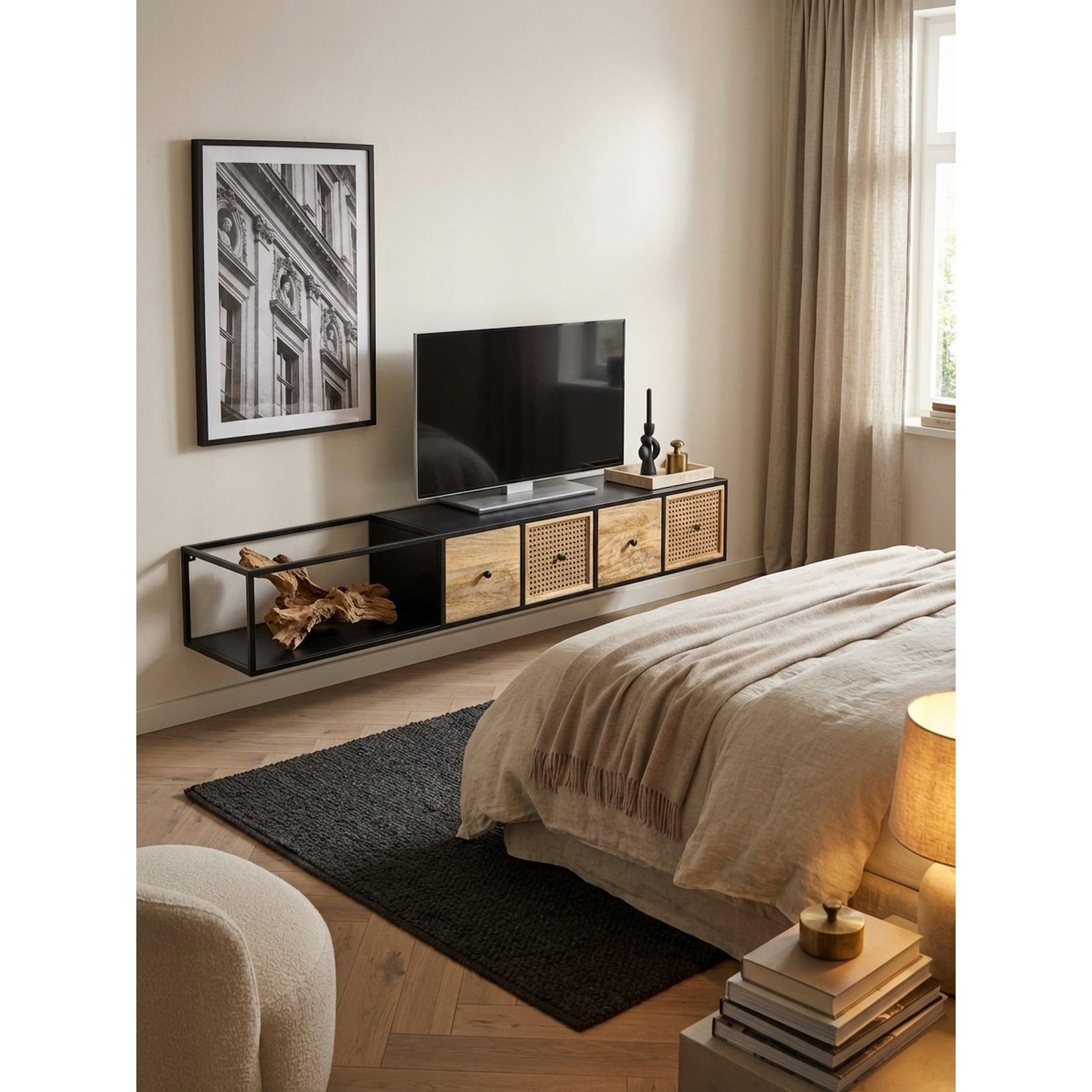 Lowboard Hängend Mango Massivholz Metall Modern Stil 150x25x35 cm Schwarz mit Wiener Geflecht