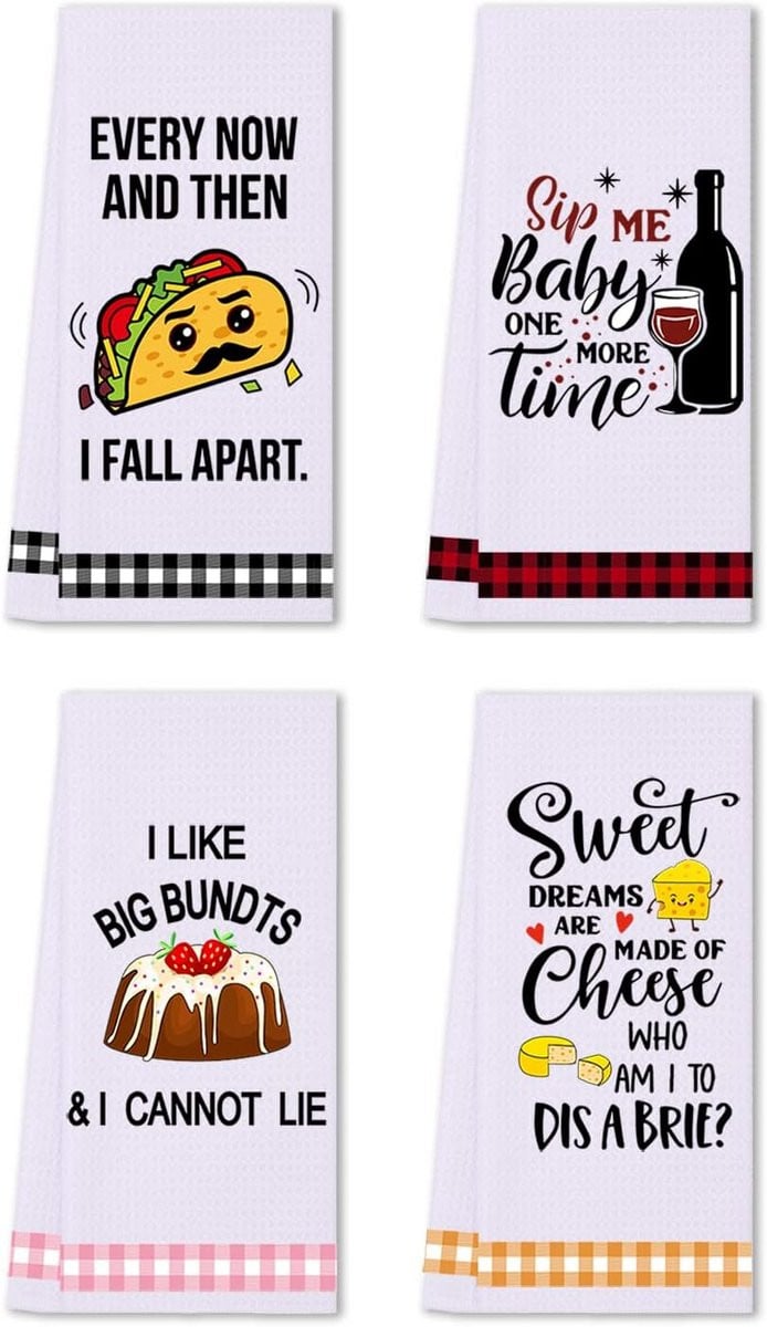 Set van 4 witte wafel theedoeken met grappige teksten voor in de keuken