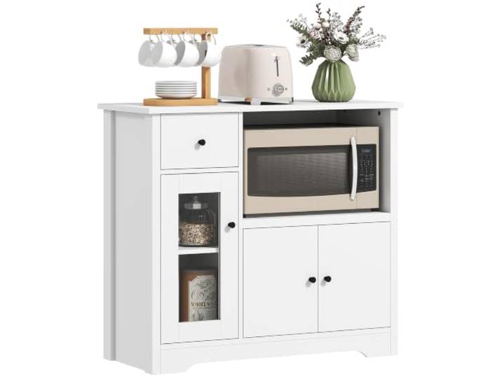 HOMCOM Küchenschrank Sideboard mit Arbeitsplatte 3 Türen Schublade Weiß Mikrowellenregal, Mikrowellenschrank, Verstellbare Ablagen, Aufbewahrungsschrank, für Küche Esszimmer Wohnzimmer
