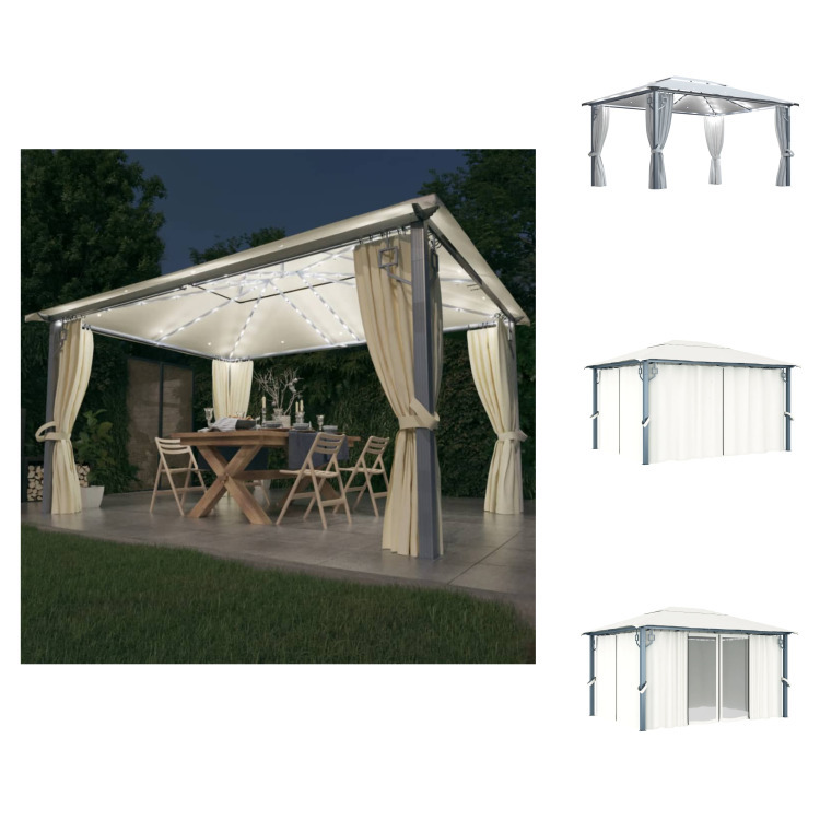 vidaXL Pavillon mit Vorhängen & LED-Lichterkette 400x300 cm Creme Alu - Pavillons & Partyzelte
