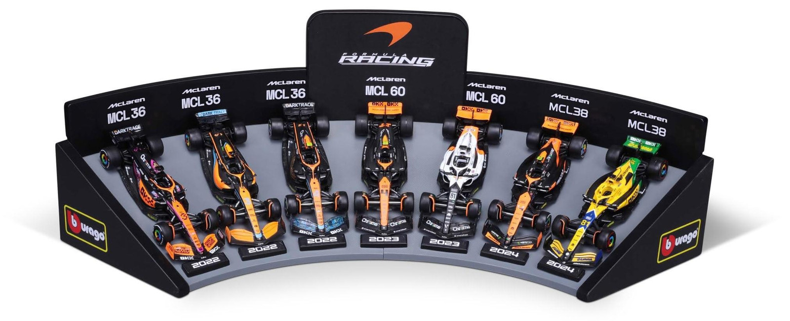 Bburago F1 McLaren Deluxe speelgoedraceauto-set met display, schaal 1:43