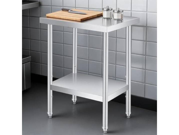 IDEALHOUSE Robuste Edelstahl-Arbeitsplatte 30x24 Zoll doppelschichtig mit Ablageboden – silber, ohne Rollen, ohne Heckklappe, für Büro & Werkstatt