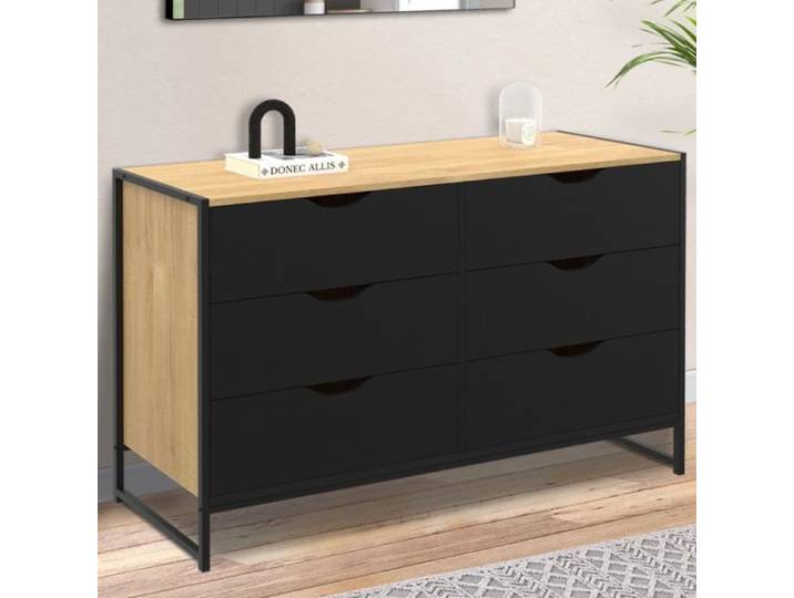 IDMARKET Commode 6 tiroirs noirs BOSTON 115 cm design industriel
