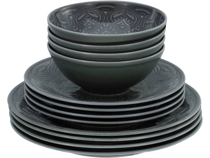 Teller-Set CREATABLE Orient Mandala , grau, 12 Stk., Porzellan, Geschirr-Sets, Teller-Set, Teller Set, Speiseteller, Dessertteller und Schalen im Set