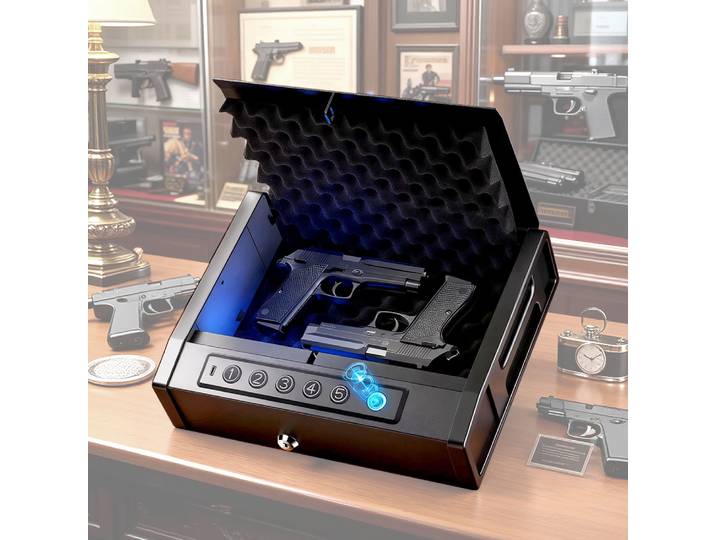 Coffre-fort biométrique pour arme de poing, avec lecteur d'empreintes digitales, clavier numérique, ouverture automatique du couvercle, boîte de sécurité pour voiture, serrure électronique, optionnel