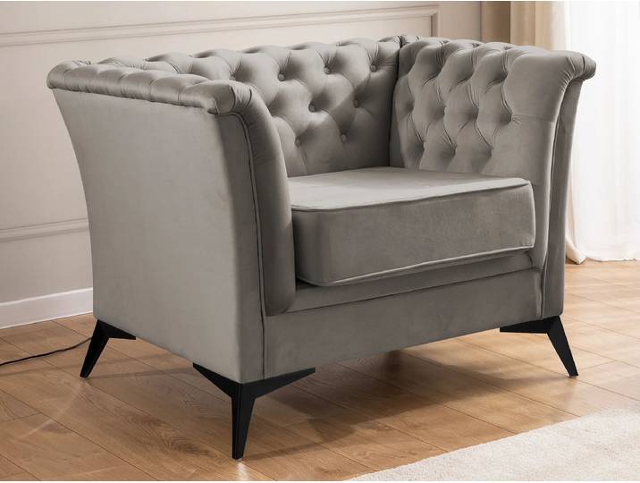 S-Style Möbel Whitby - Chesterfield Luxus Sessel aus Samt mit goldenen, silbernen oder schwarzen Füßen - Grau
