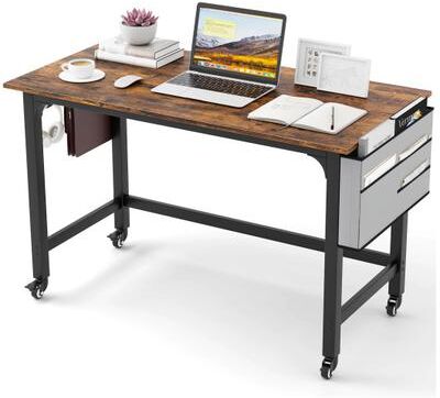 Costway Rolling Home Office Computer Desk with Detachable Fabric Bag-Rustic Brown