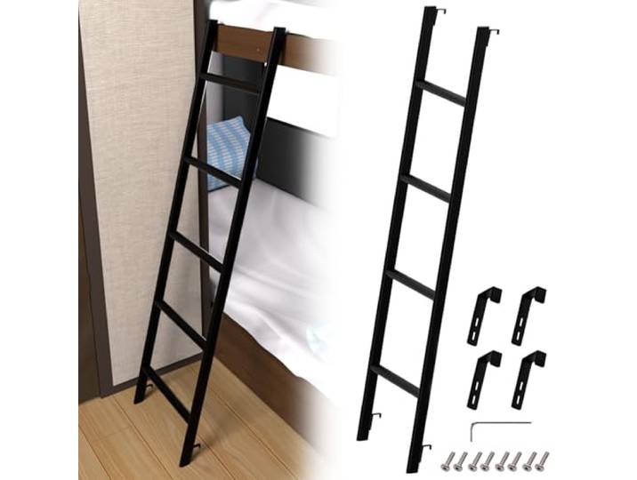 Schwarz Hochbett Leiter, 127 cm, 4 Haken, Einteiliger Stahlkonstruktion Stabil, 150 kg Tragkraft, Glatt und Gratfrei, Rutschfeste Fußkappen, Montagematerial und Werkzeug Inklusive