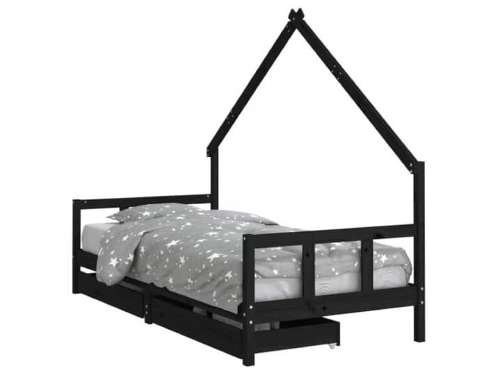 FDSAQOPT mit Schubladen Schwarz 90x200 cm Massivholz Kiefer Hausbett-Design, Holzlatten, Aufbewahrungsschublade, niedrige Einstiegshöhe, Kiefer Massivholz, 90x200 cm