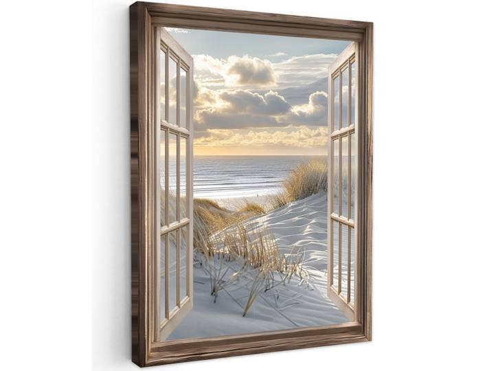 MuchoWow Leinwandbild - Ausblick - Strand - Dünen - Meer - Natur - 60x80 - Gemälde, Sandfarben, Textil, Kiefer, Abstrakt, Rechteckig, 60x80 cm, gerahmt, Bilder & Rahmen, Bilder, Wandbilder