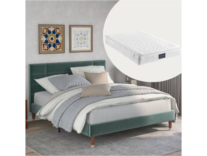 ULEVR Lit double rembourre 140 x 200 cm avec sommier a lattes et matelas velours vert fonce tete de lit incluse