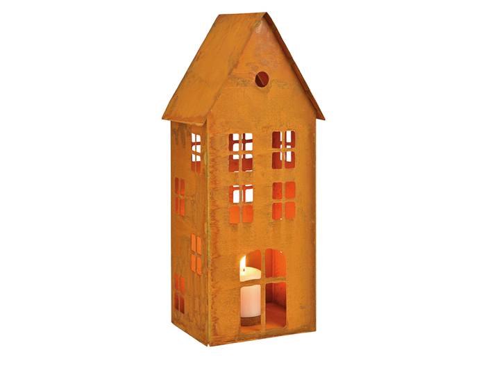 Windlicht Haus aus Metall, Rost-Finish, braun, Lichterhaus, 17 x 40 x 14 cm