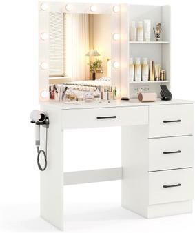 Costway Vanity Desk with 3-Color Lights and Power Outlets-White