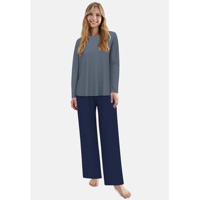Loungeanzug TOM TAILOR "Sitia", Damen, Gr. 40L, blau (blau, mittel, uni), Obermaterial: 95% Baumwolle, 5% Elasthan, bequem normal, Rundhals, gerader Abschluss, Homewear-Sets, Langarm, Rundhalsausschnitt, basic, leicht, Baumwollmix