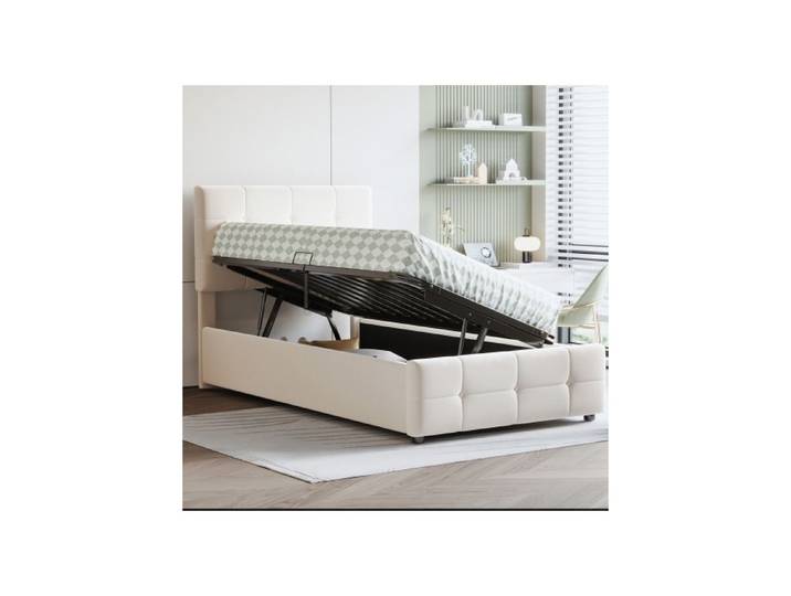 Lit enfant - MUVOE - 90x200 cm - Rangement hydraulique - Tête réglable - Beige