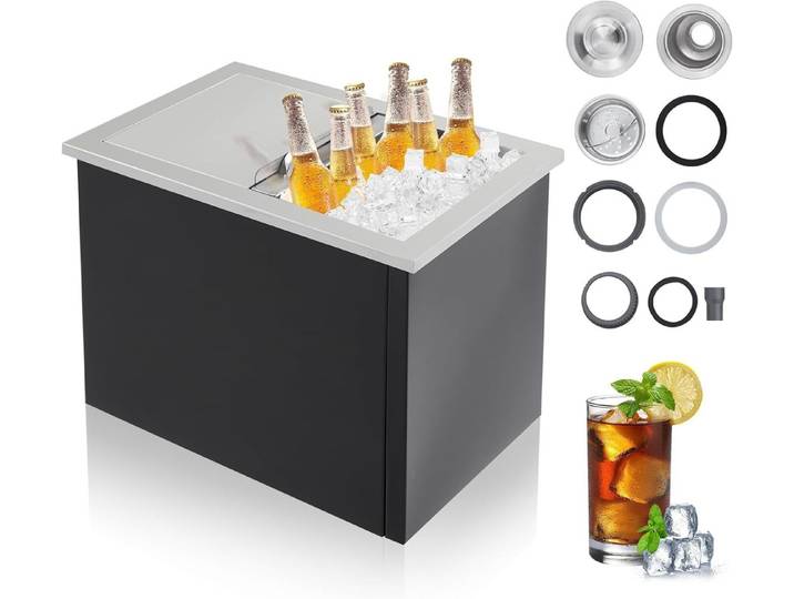 GarveeMore Eiswürfelbehälter Drop-In Eisbox Edelstahl,Isolierte Eisbox mit Ablauf, Für Outdoor-Küche, Bar und Gartenparty