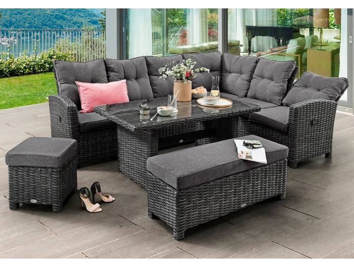Gartenlounge-Set DESTINY SANTA PONSA DE LUXE Eckgruppe, grau mel., Tisch 140x80cm, Polster grau , schwarz (grau meliert, grau), T:80cm, Aluminium, Geflecht Rattan, Glas, Sitzmöbel-Sets, Gartenlounge-Set, Aluminium, Polyrattan