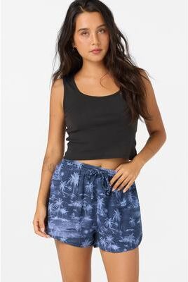 O'Neill s Millie Tropical Scene Beach Shorts in Nightshadow Blue, Size Large, Linen/Viscose