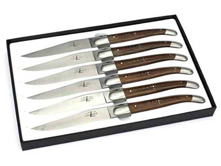 Forge de Laguiole - 6er Set Steakmesser - Griff fossile Mooreiche - Edle Tafel-Messer - Stahl matt satiniert