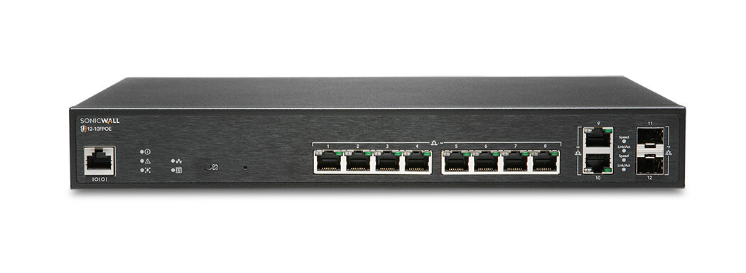 SonicWall SWS12-10FPOE Switch met 10 x 10/100/1000 (PoE+) en 2 x Gigabit SFP poorten voor desktopgebruik (130 W)