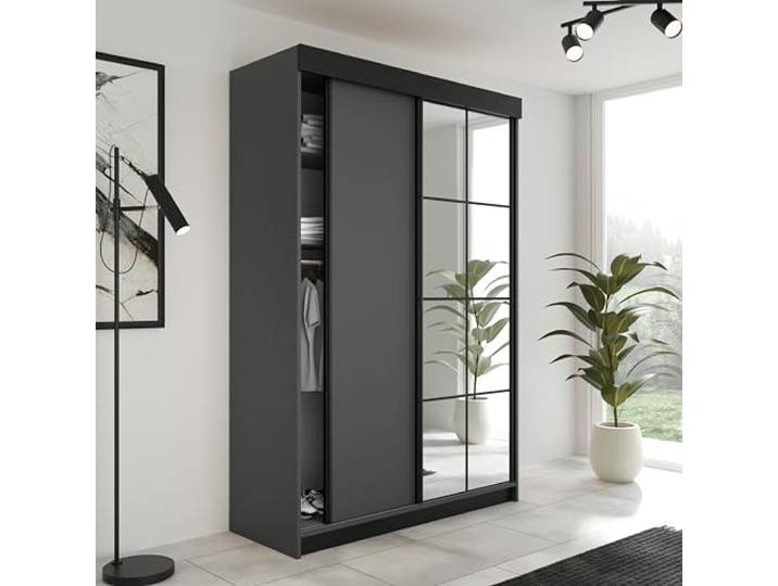 KIER FURNITURE Schiebegarderobe LAMARO mit Spiegel - Schrank Schlafzimmer - Schlafzimmerschrank - Wardrobe Bedroom - Kleiderschränke - Kleiderschrank Graphit - 138x205x59