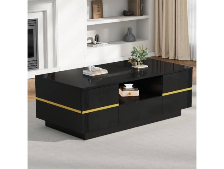 BXEYXE Couchtisch, moderner Kaffeetisch mit LED‑Beleuchtung, Beistelltisch,Sofatisch,Wohnzimmertisch,halboffene Ablage & 2 Türen, bis 30 kg Belastbarkeit,Schwarz+ goldenen Akzenten,100×50×35.5cm